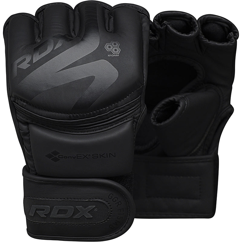 Black RDX MMA gloves on a white background