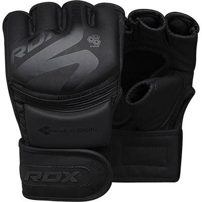 Black RDX MMA gloves on a white background