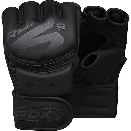Black RDX MMA gloves on a white background