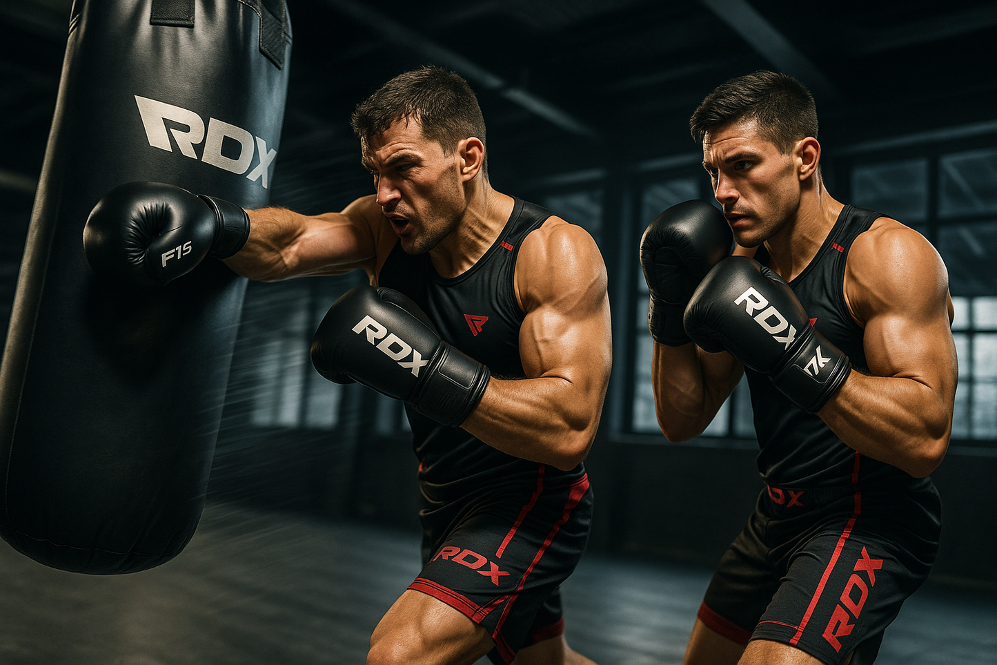 Action shot picture of two athletes equipped in RDX gear, and in action with RDX F15 Noir Bag Gloves 4oz Black
